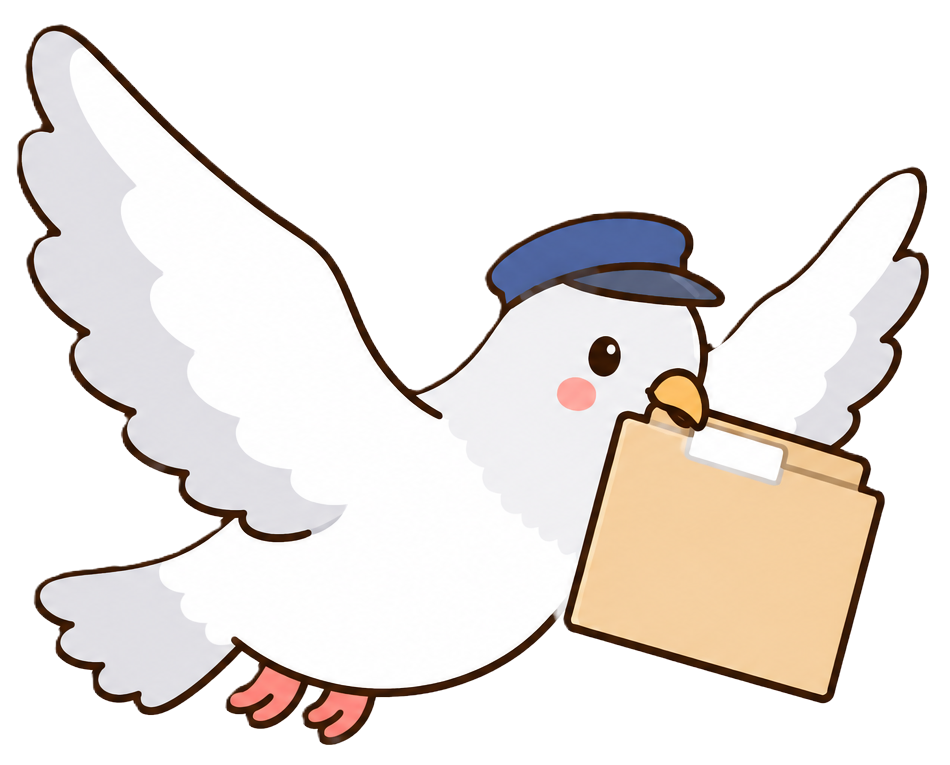 書類フォルダをくわえて飛ぶ、はと便の鳩